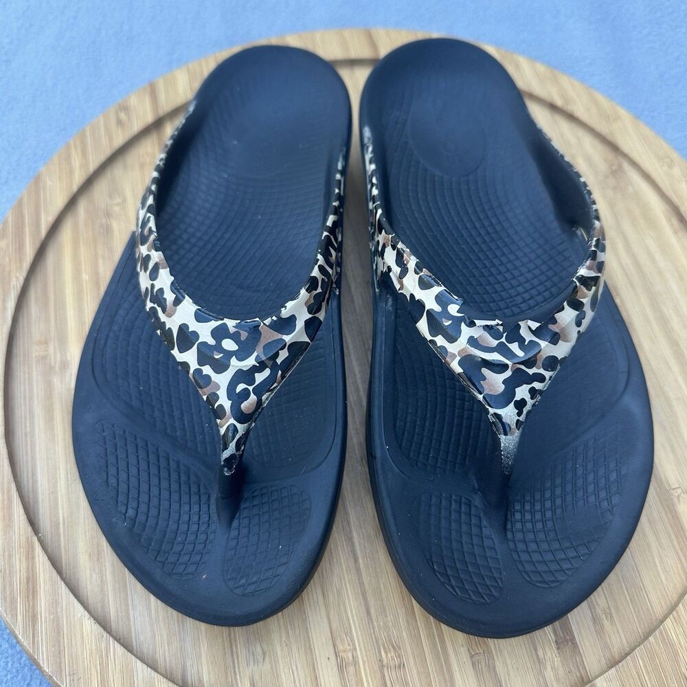 OOFOS Black Sandals with Leopard Print Straps